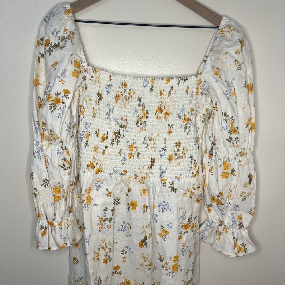 Reformation White Dress Size Large Floral Mini Dress Smocked Top 100% Linen - Picture 2 of 6